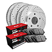Front and Rear Brake Disc and Pad Kit, Cross-drilled and Slotted, OE Replacement, BATTERY EV (EV/BEV), R1 eLINE Silver Rotors wtih Optimum OEp Pads Series
