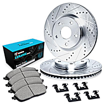 Front Brake Disc and Pad Kit, Cross-drilled and Slotted, Ceramic, R1 eLINE Silver Rotors with Ceramic Pads Series