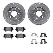 Rear Brake Disc and Pad Kit, Cross-drilled and Slotted, Ceramic, R1 eLINE Silver Rotors with Ceramic Pads Series