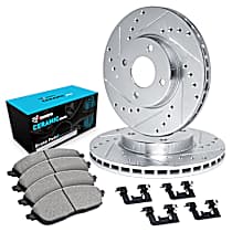 Front Brake Disc and Pad Kit, Cross-drilled and Slotted, Ceramic, With Rear Disc; Standard Rear Pads and Hardware, Upgraded Rear Pads and Hardware, Without Front Sensors; Rear Drum Brakes, R1 eLINE Silver Rotors with Ceramic Pads Series