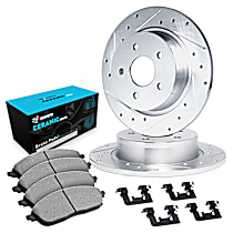 WGWH1-63009 Front Brake Disc and Pad Kit, Cross-drilled and Slotted Ceramic R1 eLINE Silver Rotors with Ceramic Pads Series