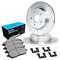 Rear Brake Disc and Pad Kit, Cross-drilled and Slotted, Ceramic, 2.0L 4Cyl, R1 eLINE Silver Rotors with Ceramic Pads Series