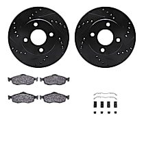 Front Brake Disc and Pad Kit, Cross-drilled and Slotted, Ceramic, With Rear Disc/Drum; Standard Rear Pads and Hardware; Without Front Sensors, R1 eLINE Black Rotors with European Ceramic Pads Series