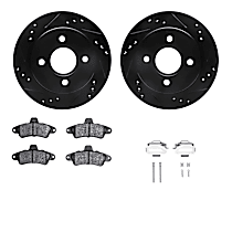 Rear Brake Disc and Pad Kit, Cross-drilled and Slotted, Ceramic, With Rear Disc; Standard Rear Pads and Hardware; With or Without Front Sensors, R1 eLINE Black Rotors with European Ceramic Pads Series