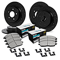 WHTH2-63007 Front and Rear Brake Disc and Pad Kit, Cross-drilled and Slotted Ceramic R1 eLINE Black Rotors with European Ceramic Pads Series