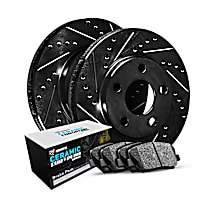Front Brake Disc and Pad Kit, Cross-drilled and Slotted, Ceramic, BATTERY EV (EV/BEV), R1 eLINE Black Rotors with European Ceramic Pads Series