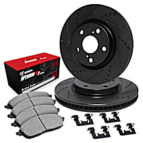 Rear Brake Disc and Pad Kit, Cross-drilled and Slotted, OE Replacement, BATTERY EV (EV/BEV); Mid Range, R1 eLINE Black Rotors with Optimum OEp Pads Series