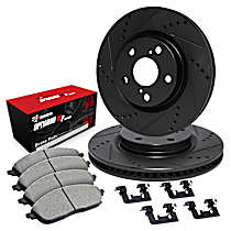 Front Brake Disc and Pad Kit, Cross-drilled and Slotted, OE Replacement, R1 eLINE Black Rotors with Optimum OEp Pads Series