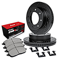 WHUH1-40396 Front Brake Disc and Pad Kit, Cross-drilled and Slotted OE Replacement R1 eLINE Black Rotors with Optimum OEp Pads Series