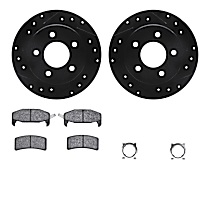 Rear Brake Disc and Pad Kit, Cross-drilled and Slotted, OE Replacement, R1 eLINE Black Rotors with Optimum OEp Pads Series