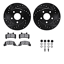 Front Brake Disc and Pad Kit, Cross-drilled and Slotted, OE Replacement, R1 eLINE Black Rotors with Optimum OEp Pads Series