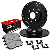 Front Brake Disc and Pad Kit, Cross-drilled and Slotted, OE Replacement, Naturally Aspirated; Without F41 Package, R1 eLINE Black Rotors with Optimum OEp Pads Series