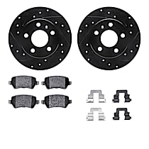 Rear Brake Disc and Pad Kit, Cross-drilled and Slotted, OE Replacement, R1 eLINE Black Rotors with Optimum OEp Pads Series