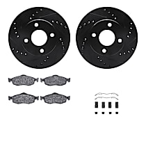 Front Brake Disc and Pad Kit, Cross-drilled and Slotted, OE Replacement, Standard Rear Pads and Hardware; Without Front Sensors, R1 eLINE Black Rotors with Optimum OEp Pads Series