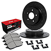 WHUH1-63001 Front Brake Disc and Pad Kit, Cross-drilled and Slotted OE Replacement R1 eLINE Black Rotors with Optimum OEp Pads Series