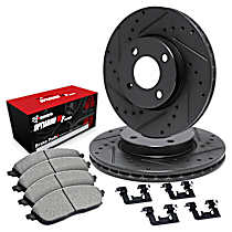 Front Brake Disc and Pad Kit, Cross-drilled and Slotted, OE Replacement, R1 eLINE Black Rotors with Optimum OEp Pads Series