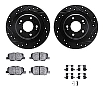 Rear Brake Disc and Pad Kit, Cross-drilled and Slotted, OE Replacement, 2.0L 4Cyl, R1 eLINE Black Rotors with Optimum OEp Pads Series