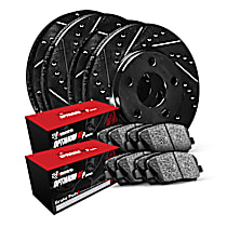 Front and Rear Brake Disc and Pad Kit, Cross-drilled and Slotted, OE Replacement, R1 eLINE Black Rotors with Optimum OEp Pads Series