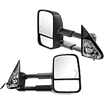 Driver and Passenger Side Towing Mirror, Power, Heated, Manual Folding, Textured Black, In-glass Signal Light, No Memory, No Puddle Light, No Auto-Dimming, With Blind Spot Glass
