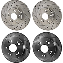 Front and Rear Brake Disc, 4-Wheel Set, Cross-drilled and Slotted, Vented - Front; Solid - Rear, 5 Lugs, Pro-Line Series