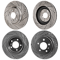 Front and Rear Brake Discs, 4-Wheel Set, Cross-Drilled and Slotted, Vented - Front, Solid - Rear, 5 Lugs, Pro-Line Series
