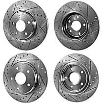 Front and Rear Brake Disc, 4-Wheel Set, Cross-drilled and Slotted, Vented - Front, Solid - Rear, 5 Lugs, Pro-Line Series