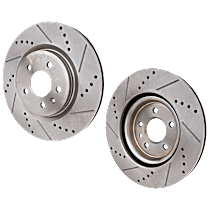 Front, Driver and Passenger Side Brake Discs, Cross-drilled and Slotted, Vented, 5 Lugs, Pro-Line Series