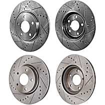 Front and Rear Brake Disc, 4-Wheel Set, Cross-drilled and Slotted, Vented - Front; Solid - Rear, 5 Lugs, Pro-Line Series