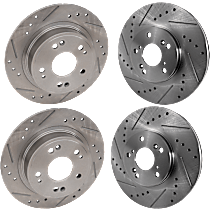 Front and Rear Brake Discs, 4-Wheel Set, Cross-drilled and Slotted, Vented - Front; Solid - Rear, 5 Lugs