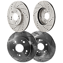 Front and Rear Brake Disc, 4-Wheel Set, Cross-drilled and Slotted, Vented - Front; Solid - Rear, 5 Lugs, Pro-Line Series