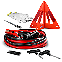 SKI2-1008-BLK Premium Emergency Roadside Kit, Jumper Cables (4GA/20ft), Reflective Warning Triangle, Tire Repair Kit, Tire Gauge