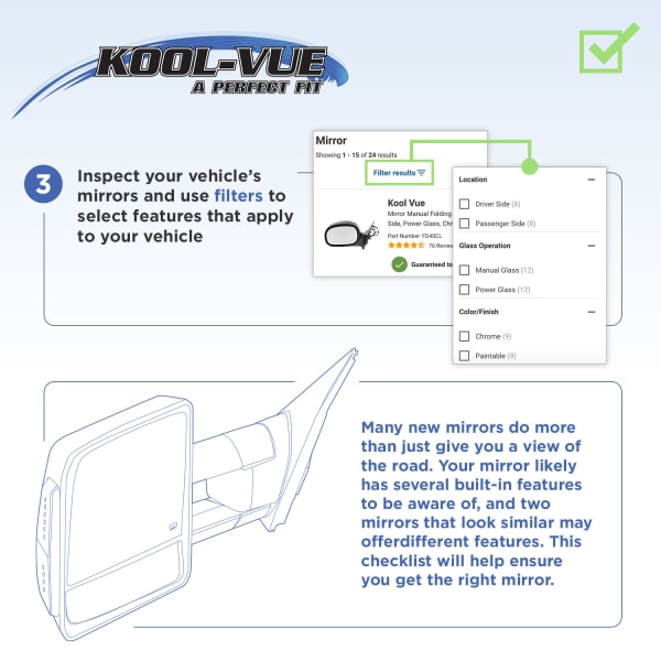 Kool Vue Driver Side Mirror, Non-Towing, Power, Power Folding