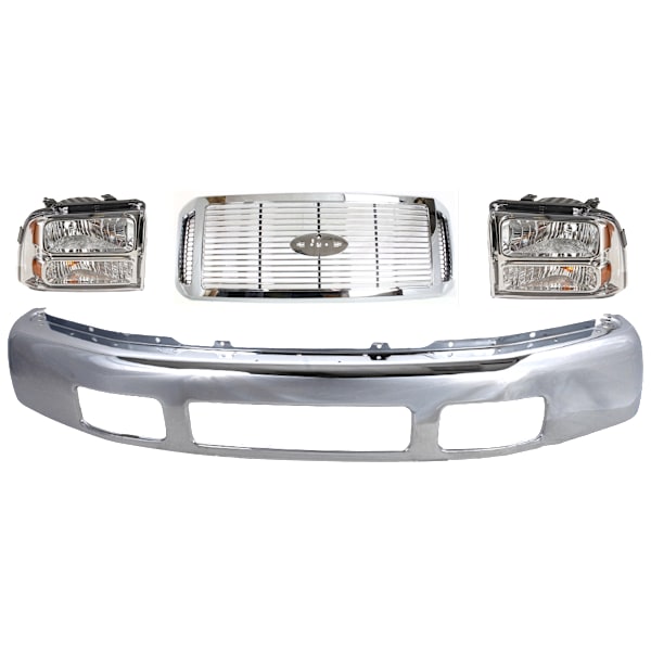 Replacement 4Piece Kit Front Bumper, Chrome, For Models without Fender