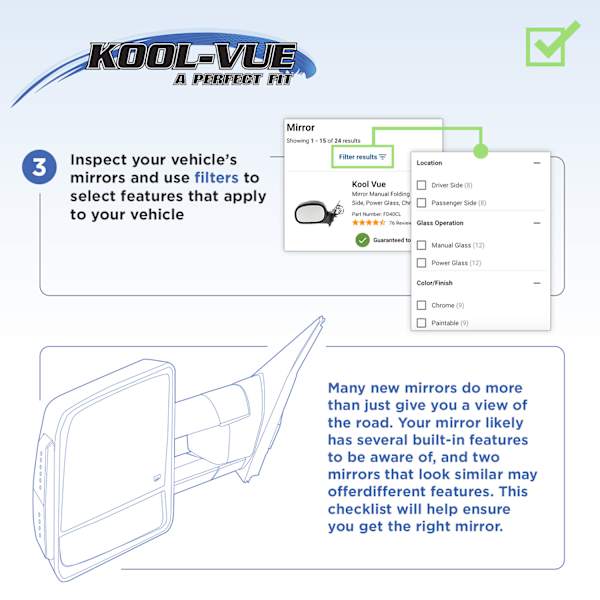 Kool Vue Driver Side Mirror, Manual Adjust, Manual Folding Kool Vue Driver Side Mirror, Manual Adjust, Manual Folding