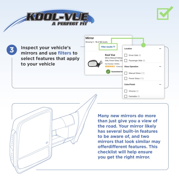 Kool Vue Driver and Passenger Side Mirrors, Power, Manual Folding
