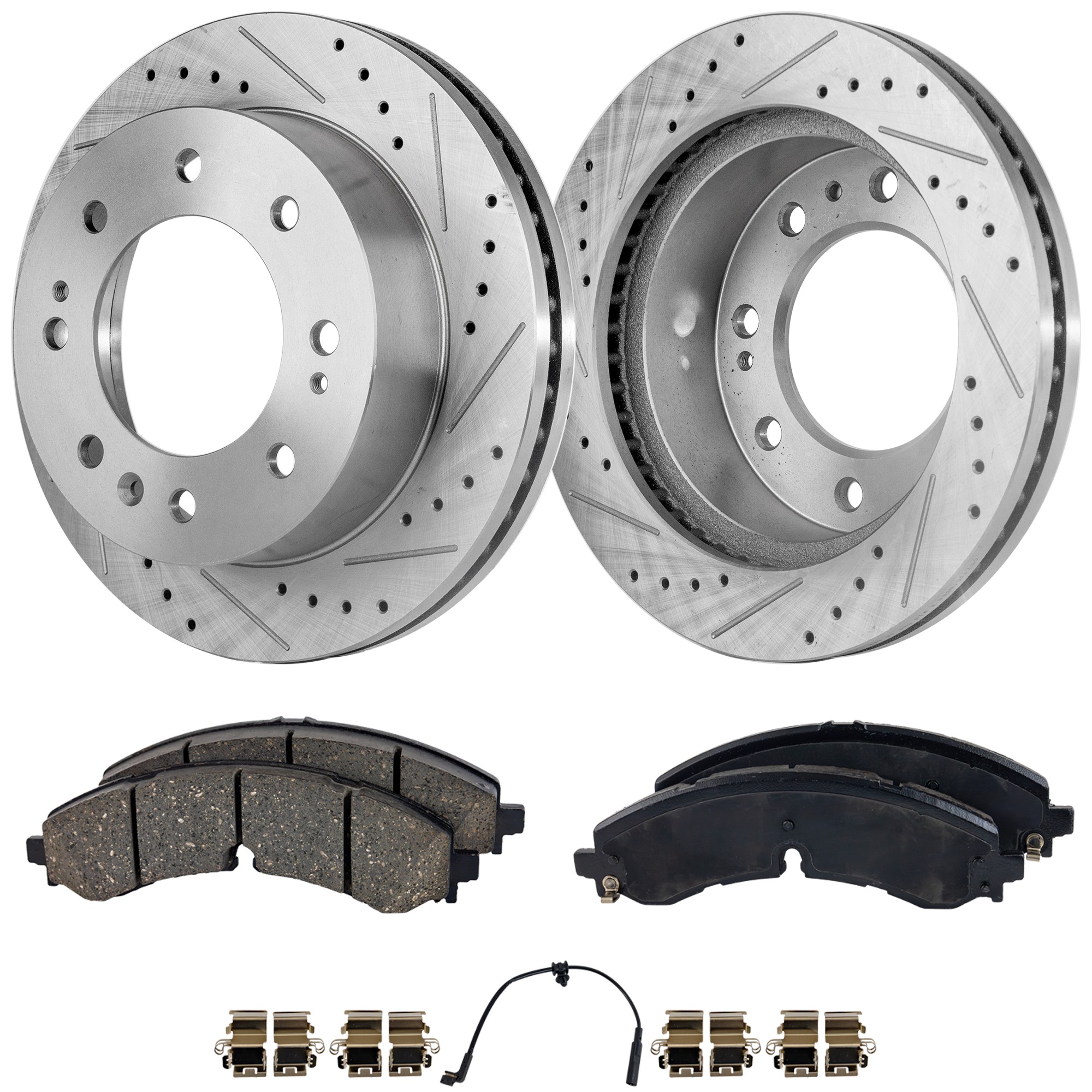 SureStop® 2021 GMC Sierra 3500 HD - Front Brake Disc and Pad Kit, Cross-drilled and Slotted, 8 Lugs, Ceramic, DIESEL, Single or Dual Rear Wheels, Pro-Line Series KIT-010623-25