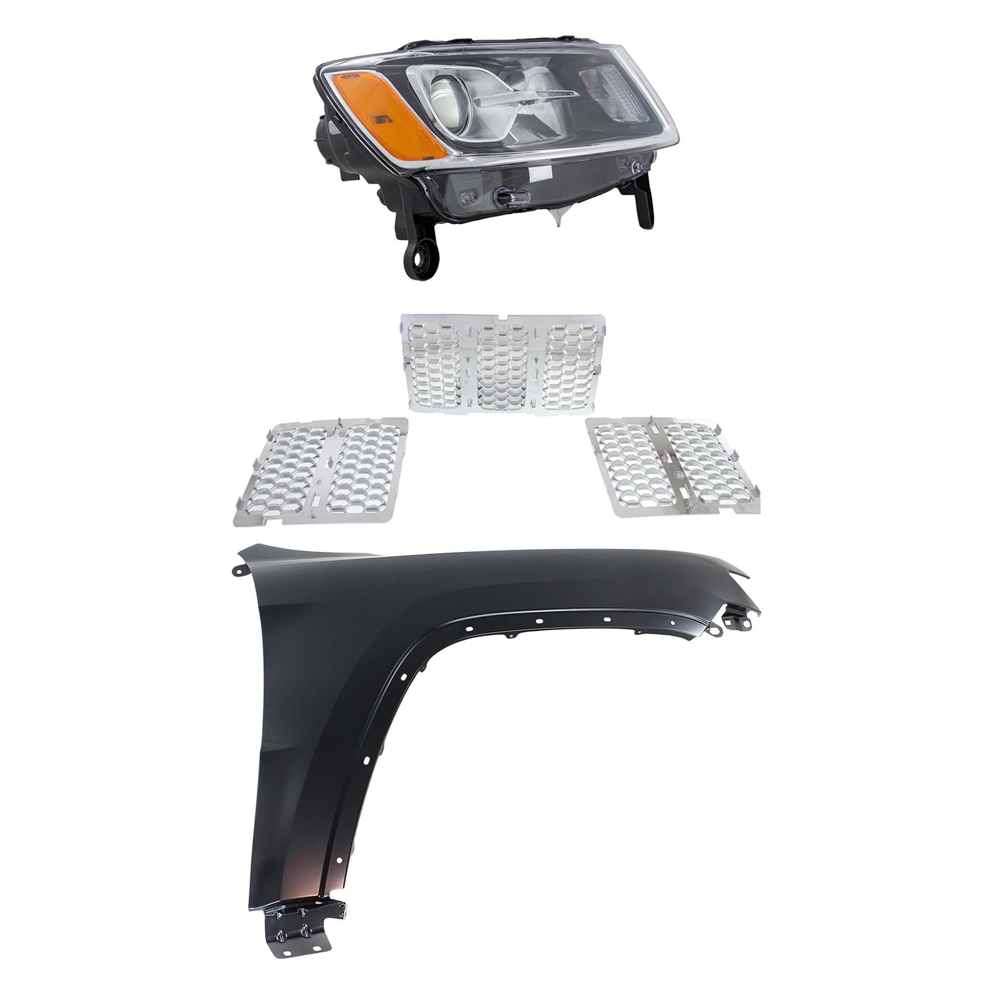 Replacement® 2015 Jeep Grand Cherokee Limited - 3-Piece Kit Passenger Side Halogen Headlight, With bulb(s), OE Replacement Includes (1) Fender, (1) Grille Assembly, and (1) Headlight KIT-030823-22701