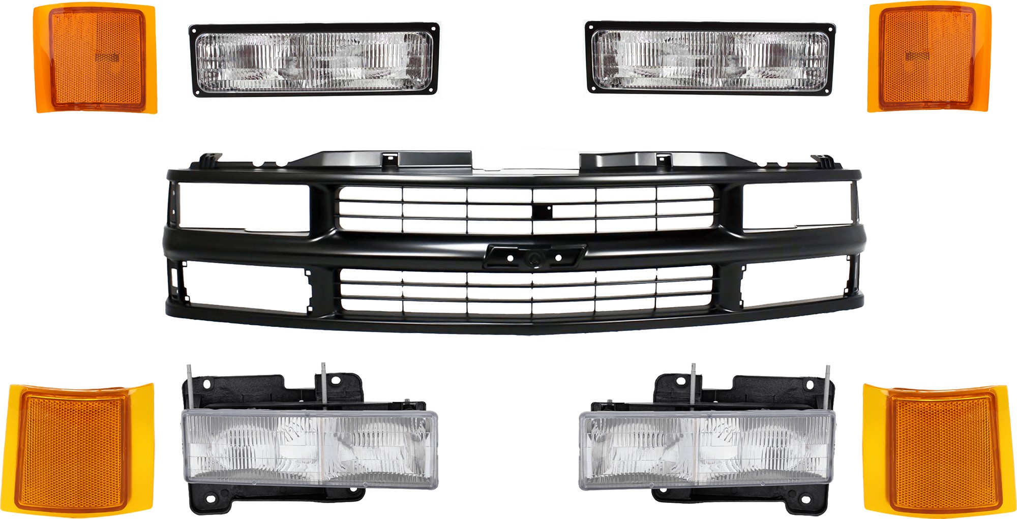 Replacement® 1995 Chevrolet C1500 Silverado 8 Cyl 5.7L - 9-Piece Kit Grille, Painted Black, For Models With Composite Headlights, Includes (1) Grille Assembly, (2) Headlight, (2) Reflector, (2) Side Marker, and (2) Turn Signal Light KIT-071624-10