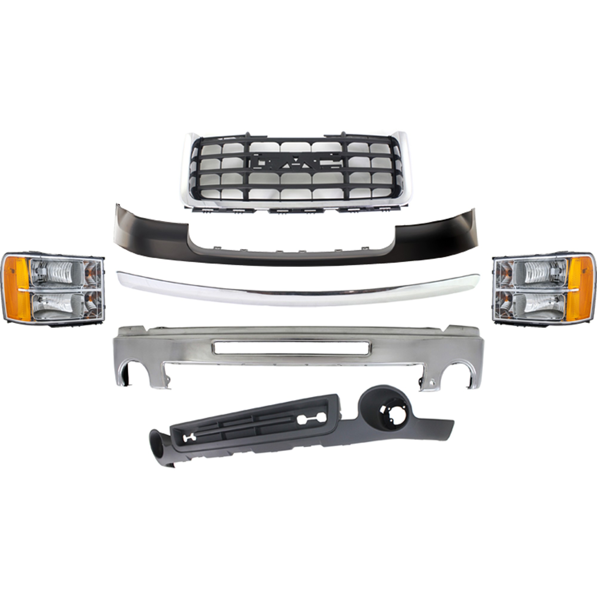 Replacement® 2009 GMC Sierra 2500 HD SLE - 7-Piece Kit Bumper, For Models with Towing Package, Chrome, Includes (1) Bumper, (1) Bumper Cover, (1) Grille Assembly, (2) Headlight, (1) Hood Molding, and (1) Valance KIT-072924-C1200