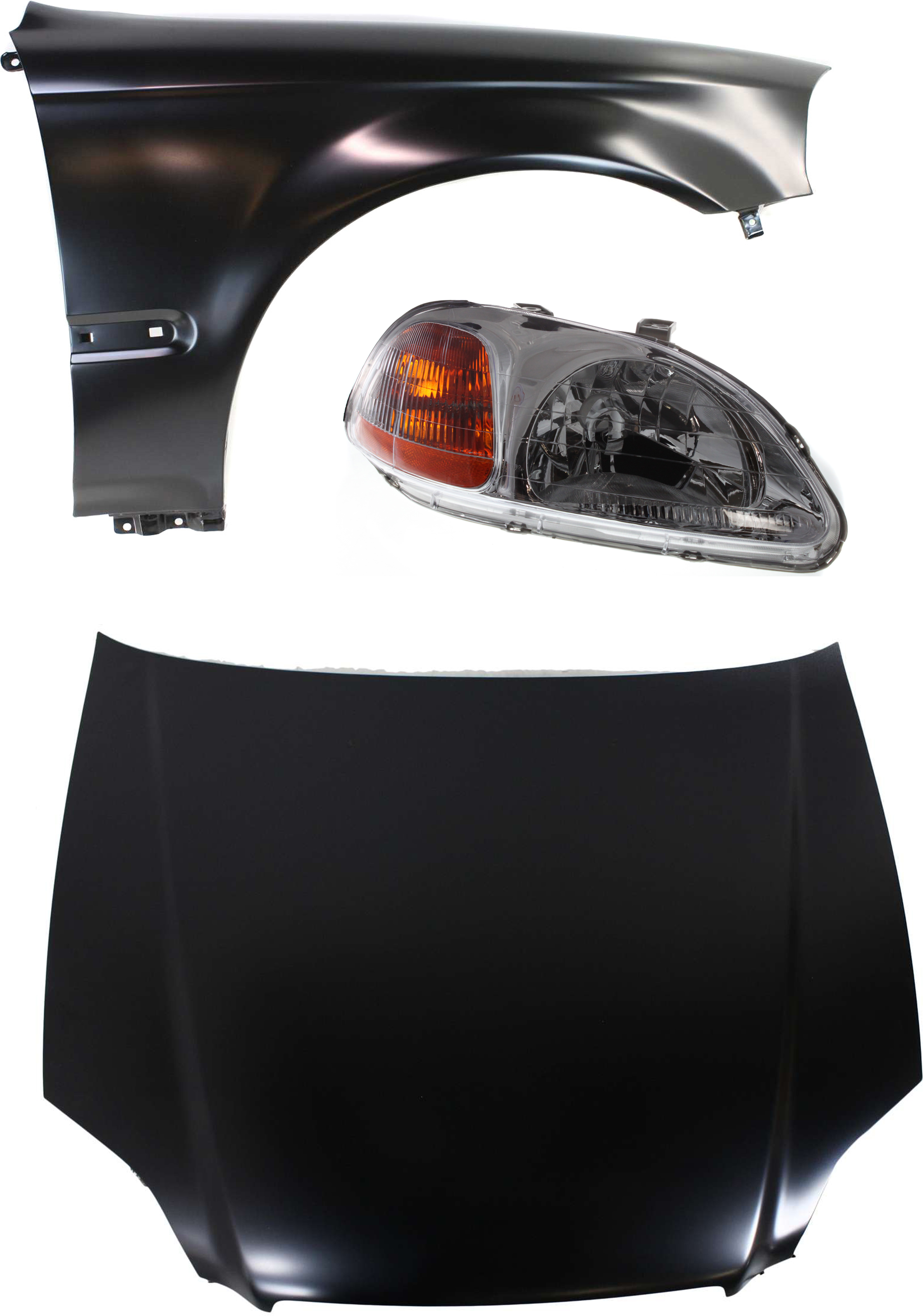 Replacement® 3-Piece Kit, Factory Style Hood, Steel, Primed, Includes (1) Fender, (1) Headlight, and (1) Hood KIT-110916-10