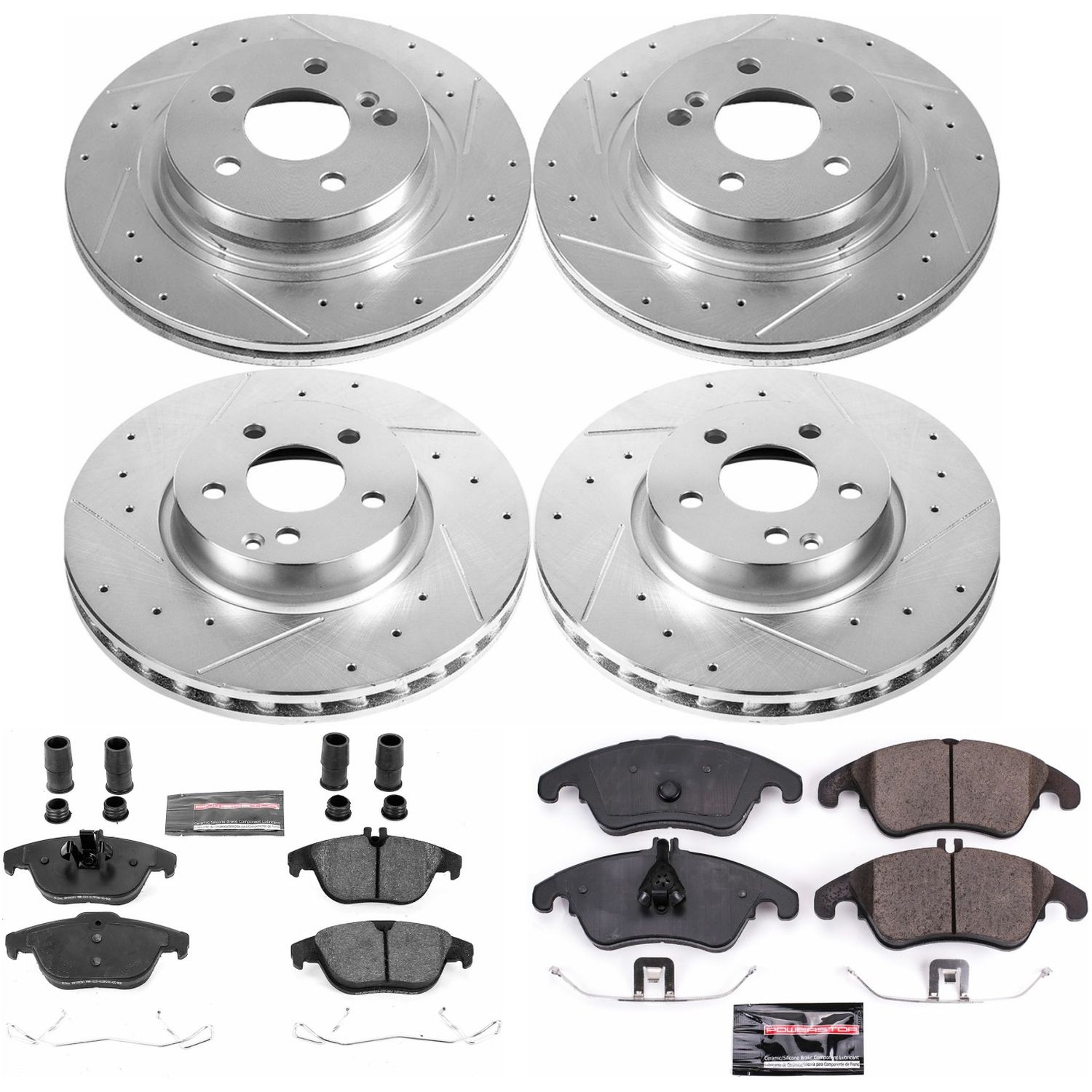 Powerstop® 2013 Mercedes Benz C300 4Matic Sport 6 Cyl 3.5L - Front and Rear Brake Disc and Pad Kit, Cross-drilled and Slotted, 5 Lugs, 322.4 mm and 300 mm, Carbon Fiber Ceramic, Z23 Evolution Sport Series