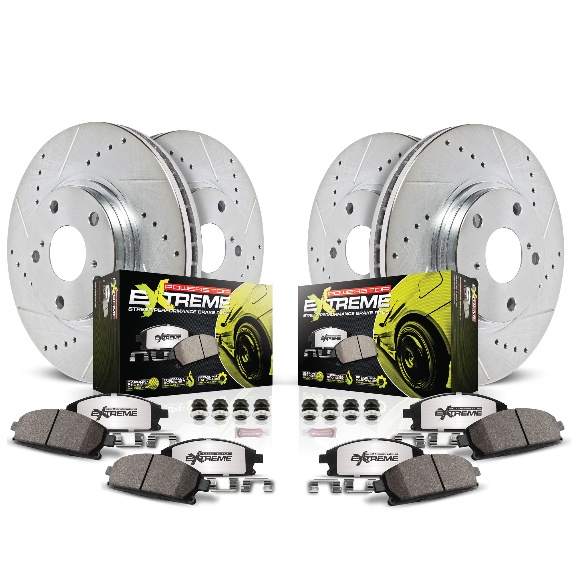 Powerstop® K7584-26 Front and Rear Brake Disc and Pad Kit, Cross-drilled and Slotted 5 Lugs 319.8 mm and 308 mm Carbon Fiber Ceramic Z26 Street Warrior Carbon-Fiber Ceramic Series