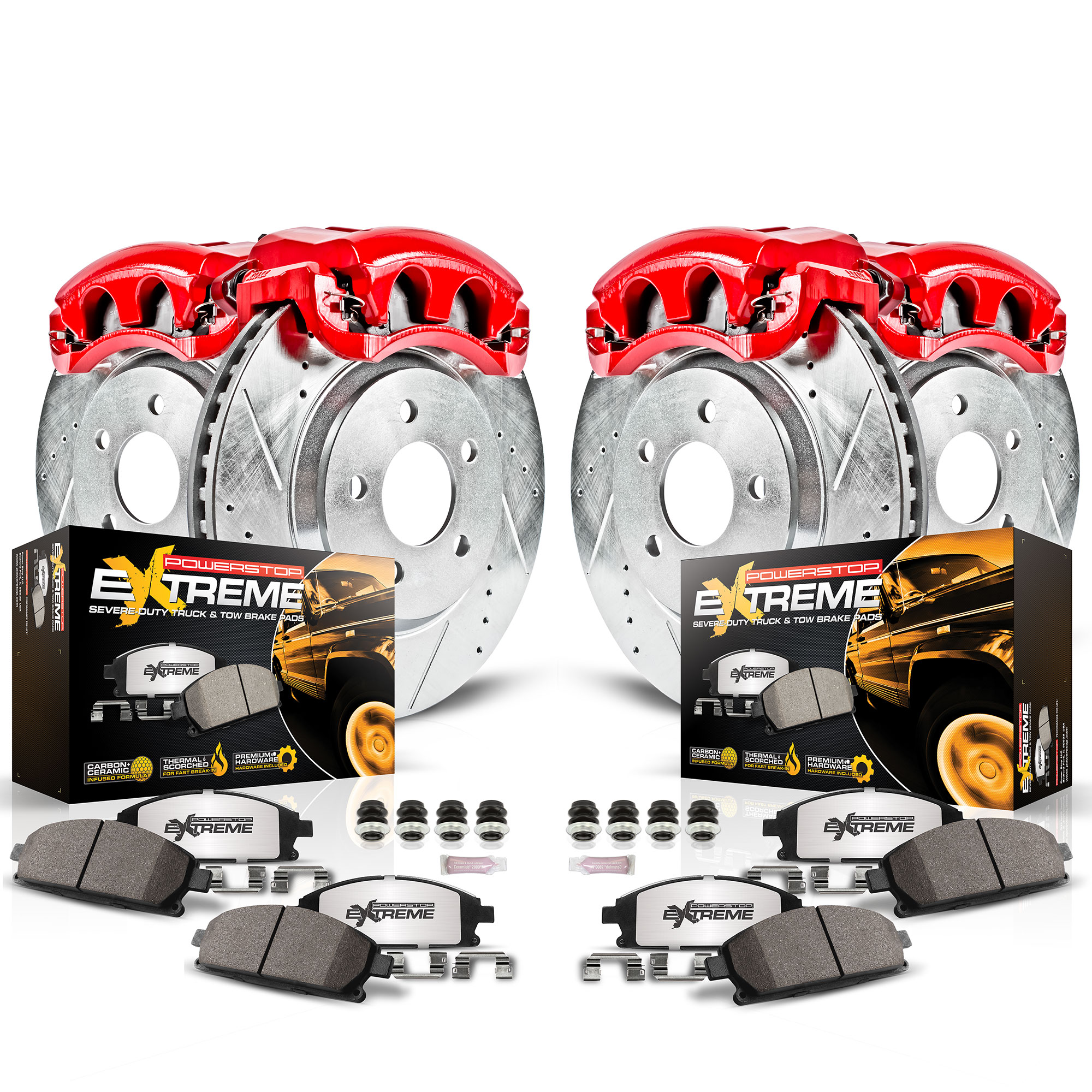 Powerstop® KC2164A-36 Front and Rear Brake Disc and Caliper Kit, Red Powdercoat Caliper, Carbon Fiber Ceramic, 5 Lugs, Z36 Extreme Truck And Tow