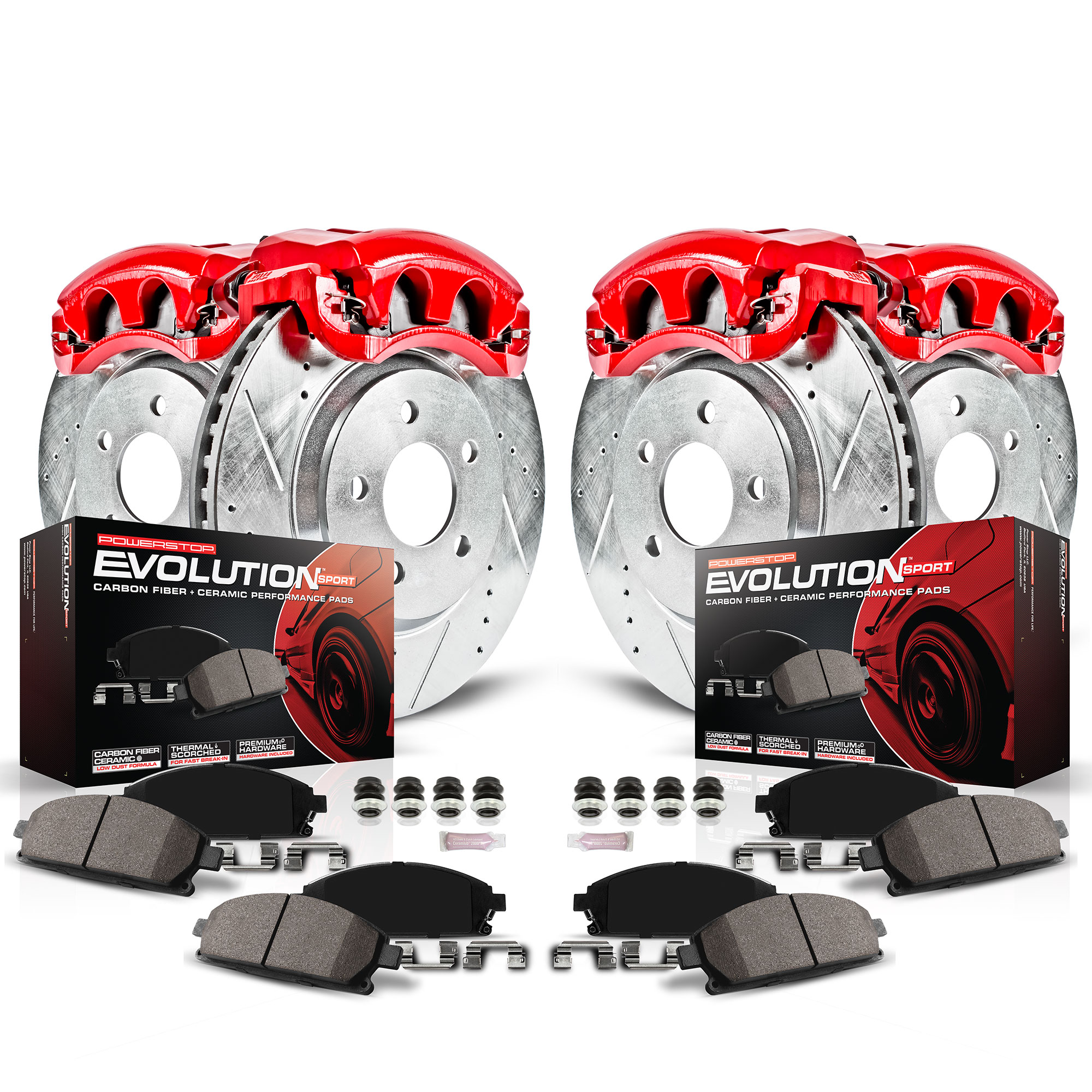Powerstop® 2015 Infiniti Q50 - Front and Rear, Brake Disc and Caliper Kit, Red Powdercoat Caliper, Carbon Fiber Ceramic, 5 Lugs, Z23 Evolution Sport Series