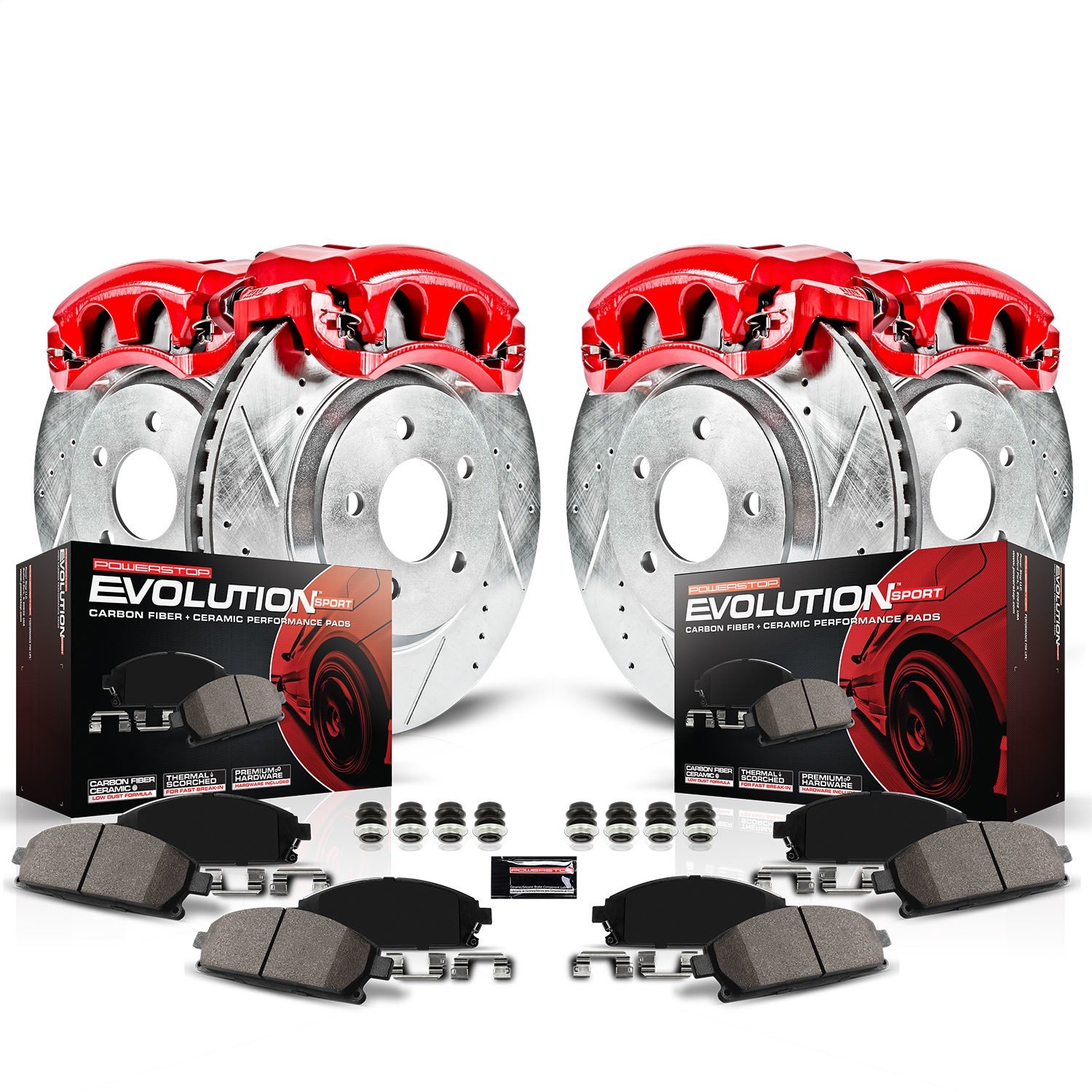 Powerstop® 2022 Infiniti Q50 - Front and Rear, Brake Disc and Caliper Kit, Red Powdercoat Caliper, Carbon Fiber Ceramic, 5 Lugs, Z23 Evolution Sport Series