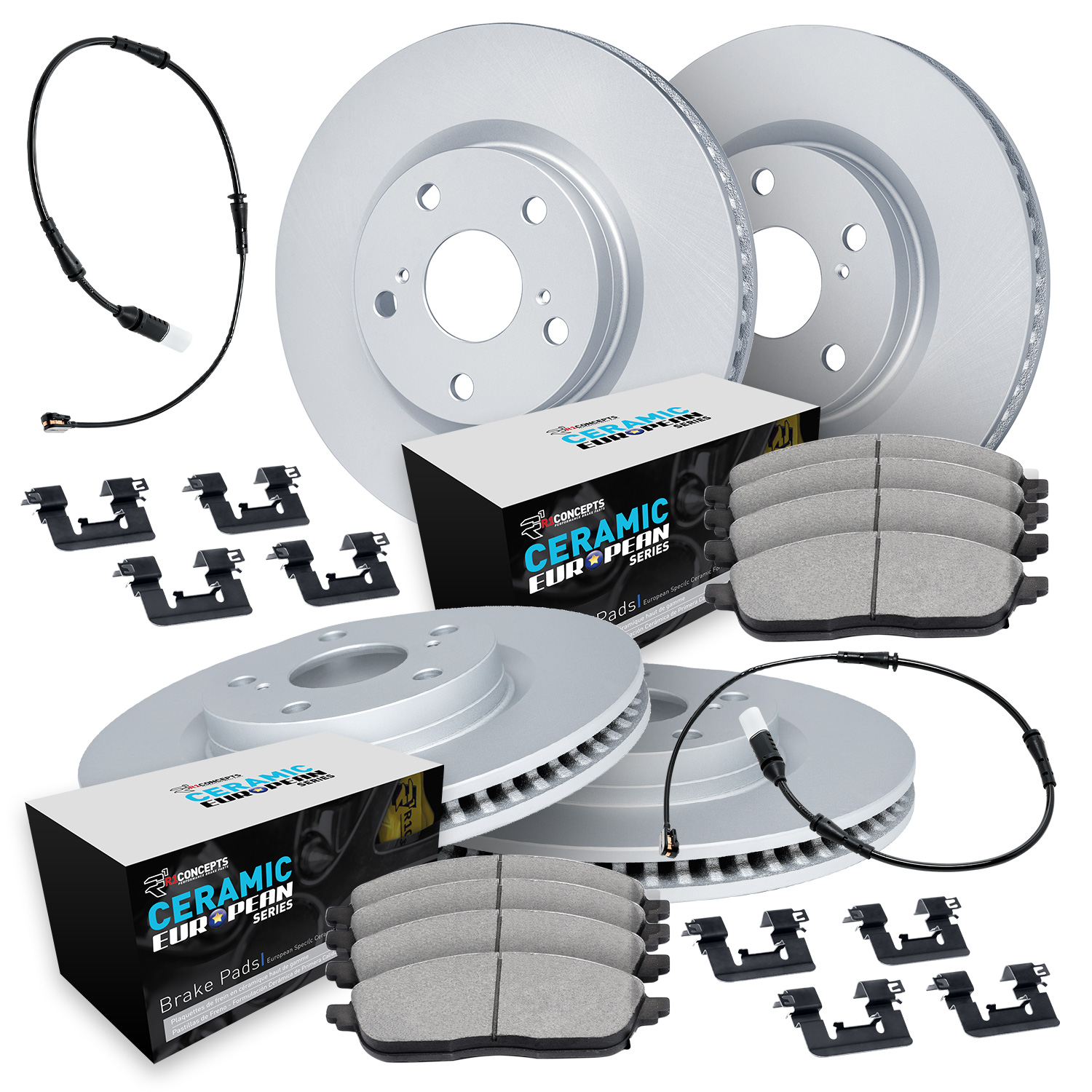 R1 Concepts Brake Disc & Pad Kit GEO-Carbon Rotors with European Ceramic Pads Series, Front Rear, WDTS2-12477