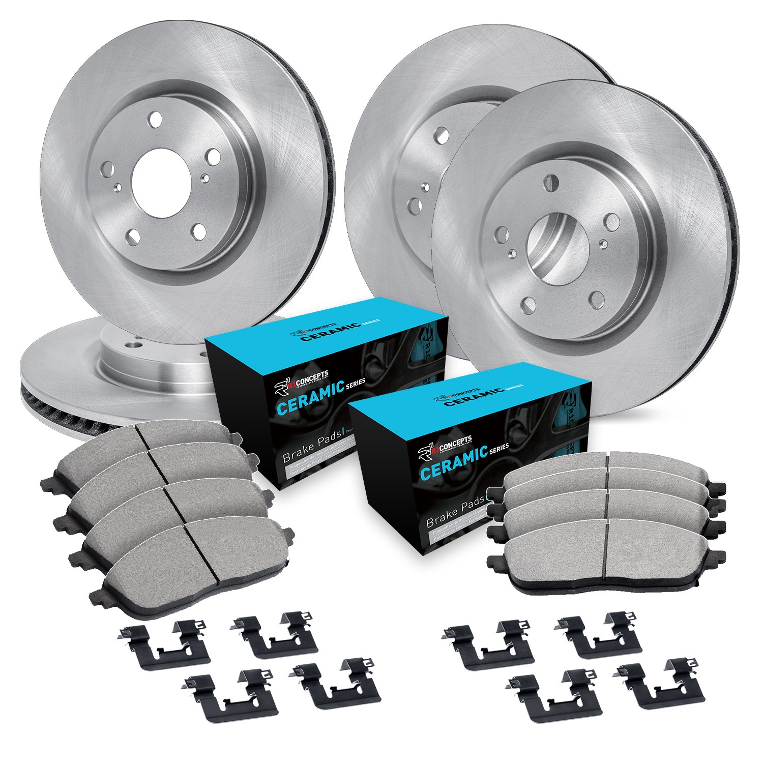 R1 Concepts® 2015 Jeep Wrangler Unlimited Sport 6 Cyl 3.6L - Front and Rear Brake Disc and Pad Kit, Plain Surface, Ceramic, Standard Brakes; 302mm Front Disc, R1 eLINE Silver Rotors with Ceramic Pads Series