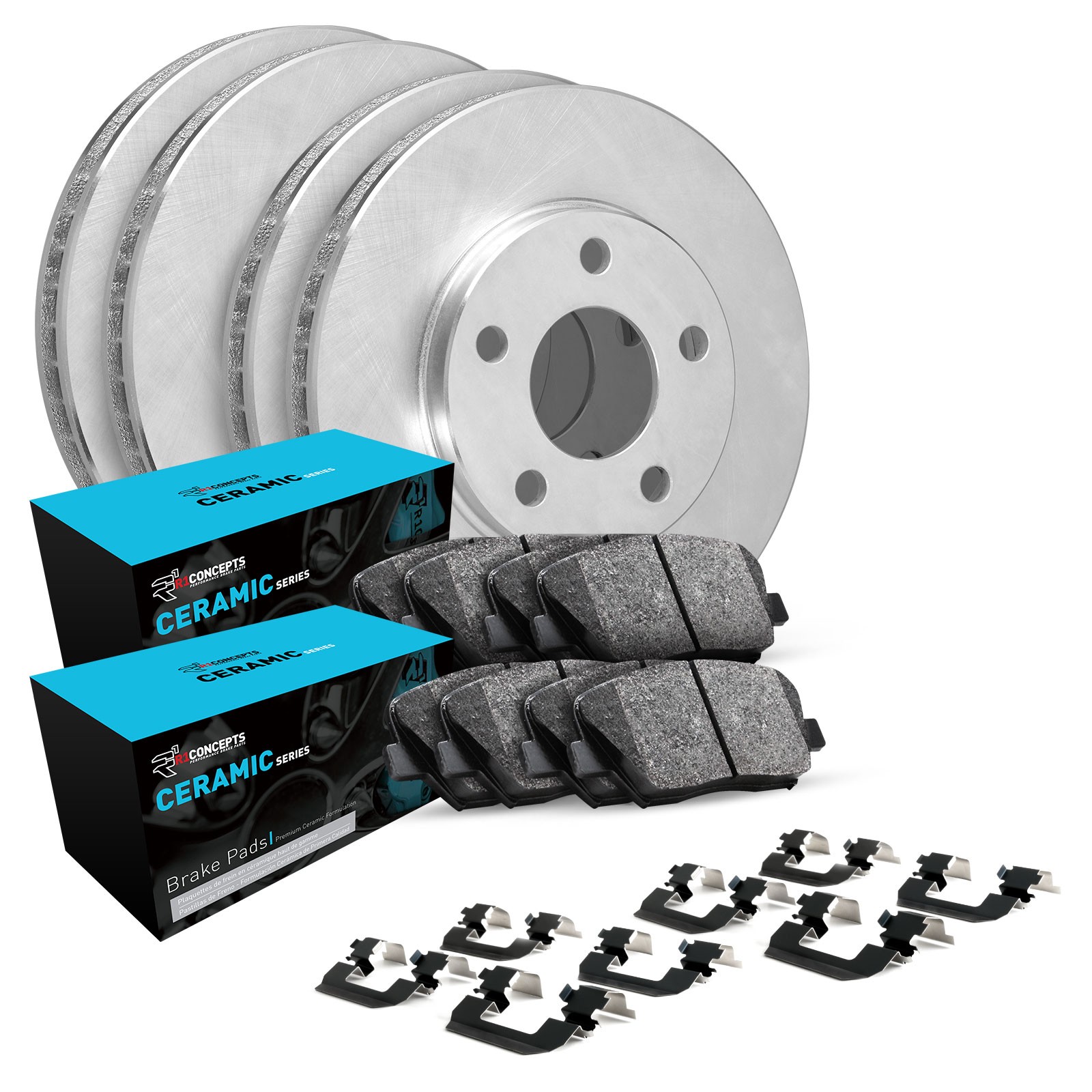 R1 Concepts® 2019 Volkswagen Atlas SEL Premium - Front and Rear Brake Disc and Pad Kit, Plain Surface, Ceramic, R1 eLINE Silver Rotors with Ceramic Pads Series