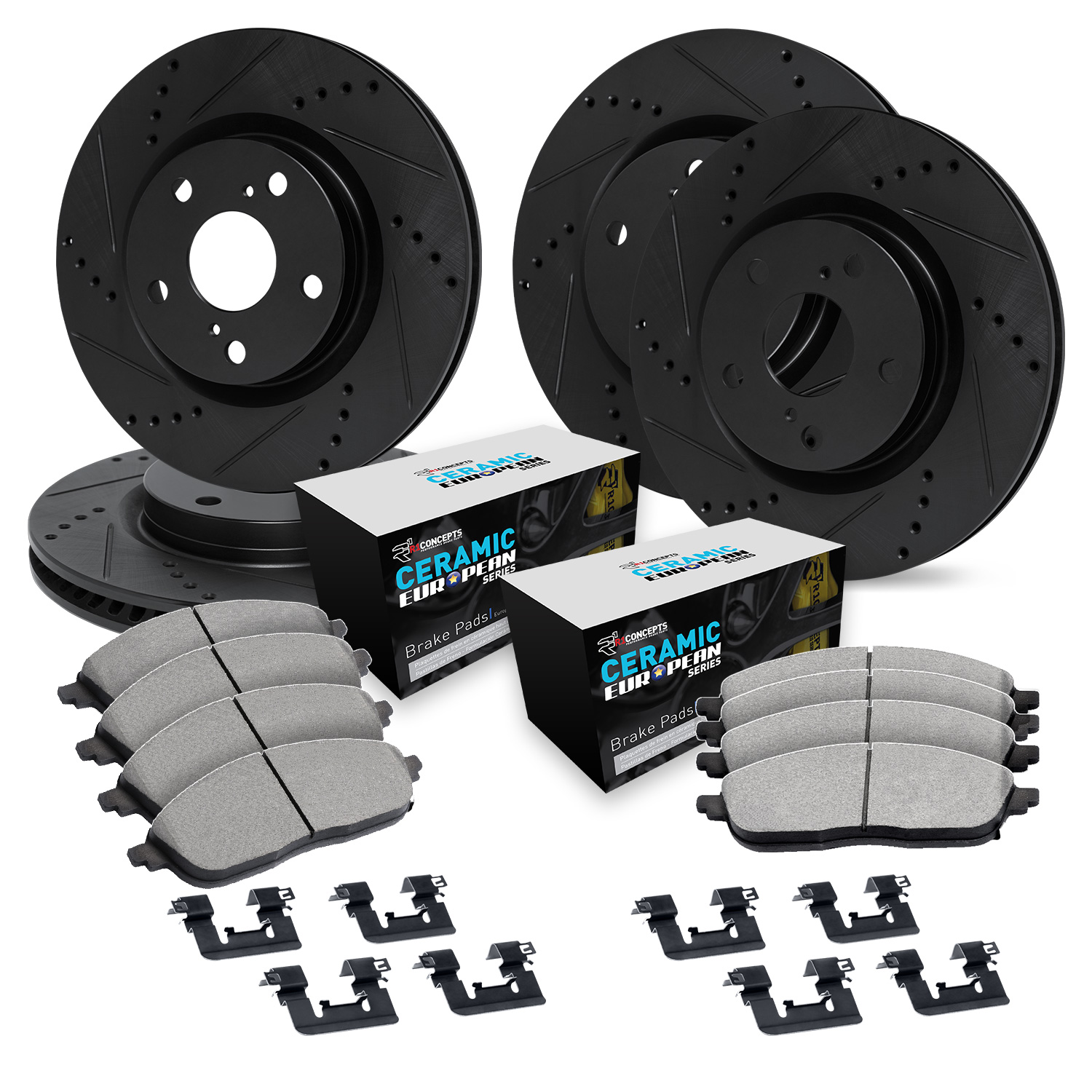 R1 Concepts Brake Disc & Pad Kit eLINE Black Rotors with European Ceramic Pads Series, Front Rear, WHTH2-54003