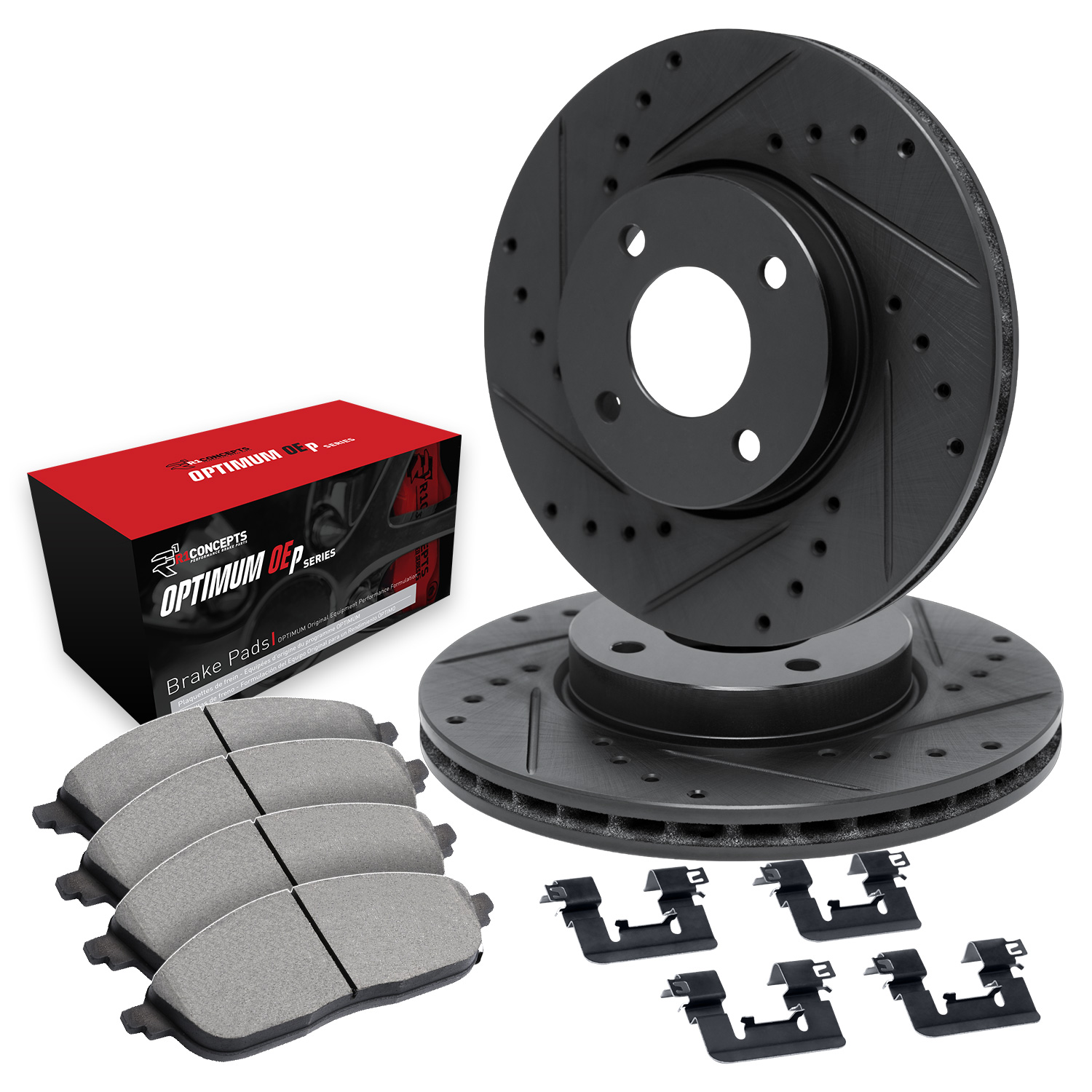 R1 Concepts Brake Disc & Pad Kit eLINE Black Rotors with Optimum OEp Pads Series, Front, 1 Year Limited Warranty WHUH1-91003